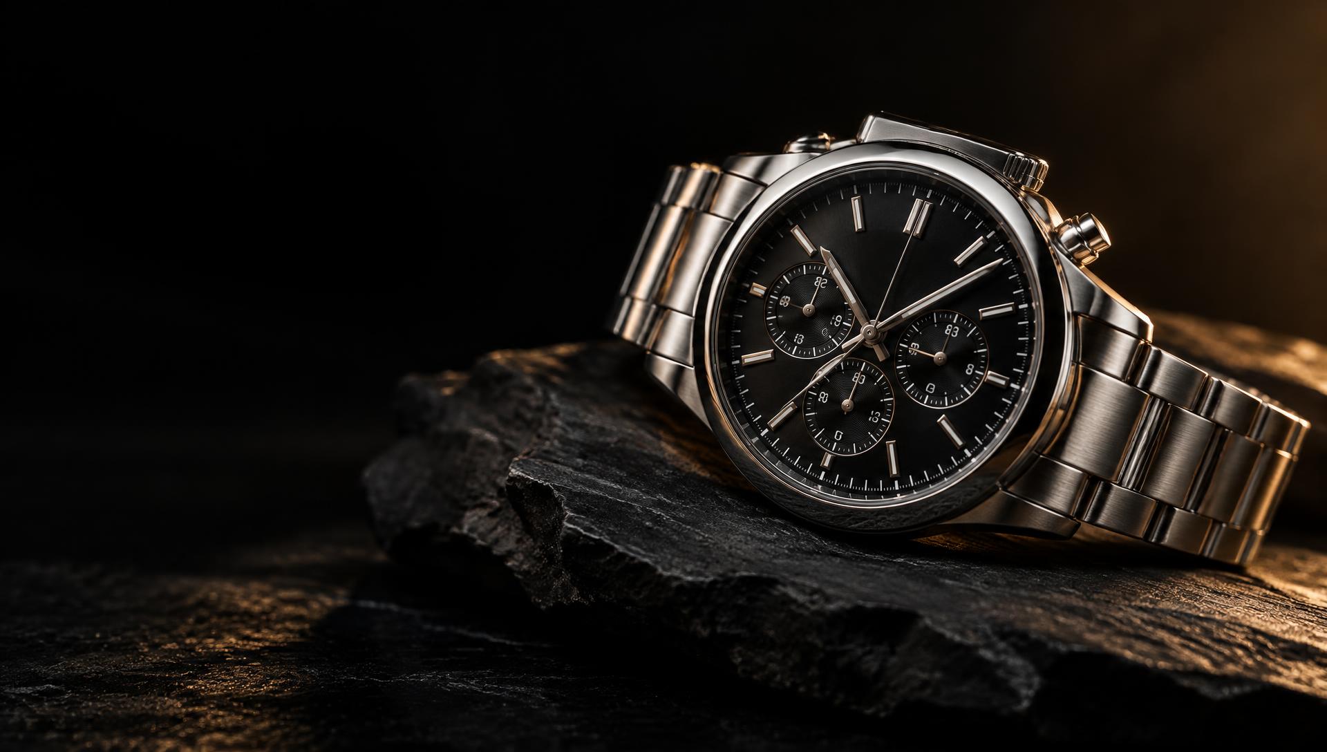 Stainless-steel chronograph with black dial on dark slate